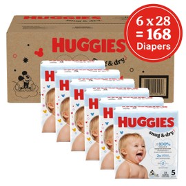 Huggies Size 5 Diapers, Snug & Dry Baby Diapers, Size 5 (27+ lbs), 168 Count (6 Packs of 28), Packaging May Vary