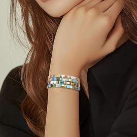 Sonateomber Tila Flat Beaded Stretch Bracelets for Women, Trendy Stackable Blue Gold Turquoise Glass Square Beads Stack Bracelet Beach Jewelry Gift