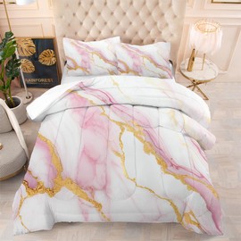 EDGZKO Comforter Set Pink Marble: Full Size Bedding Sets for Girls Teens Kids Women Luxury Gold Glitter Abstract Marbling Pastel Bed Set 1 Comforter & 2 Pillowcases