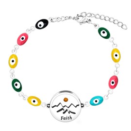 Multicolor Evil Eye Chain Round Mountain Mustard Seed Charm Adjustable Bracelet, Women Christian Good Luck Religious Gift