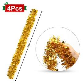 Tinsel Garland Christmas Gold, 4 Pieces x 2 m Christmas Tree Tinsel Garland, Christmas Decoration, Artificial Christmas Garland for Mantle, Stairs, Fireplace, Christmas Decoration