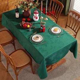 Jacquard Christmas Tablecloth Rectangle 132 x 182 CM, Spill Proof Oil Proof Wrinkle Free Holly Leaves Damask Xmas Table Cloth, Polyester Table Cover for Dining, Party, Holiday, Indoor, Outdoor, Green
