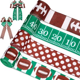 4 Rolls Football Wired Edge Ribbon 2.5 Inches x 24 Yard Football Craft Ribbon 4 Kinds Field Pattern for Wreath Wrapping Sport Team Party Decoration and Crafting