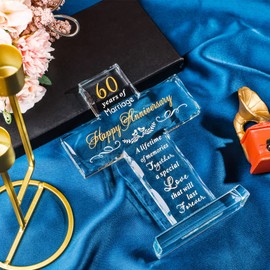 Movdyka Crystal 60th Anniversary Cross Ornaments Gifts for Parents, 60 Years of Marriage Wedding Keepsake for Partner Couple, Glass Etched Cross Home Decor