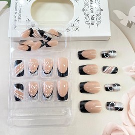 Valentine's Day Heart Press on Nails Black Silver French Tip Fake Nails Medium Square Glitter Glue on Nails Valentines Glossy Stick on Nails for Women DIY Romantic Nail Art