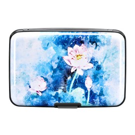 ELFISH Mini RFID Aluminum Wallet Credit Cards Holder Business Card Case Metal ID Case for Men Women (Blue Lotus)