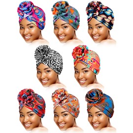 SATINIOR 8 Pieces Turbans African Pattern Knot Headwrap Bohemian Print Pre Tied Flower Knot Bonnet Hat for Women Girls (Vivid Style), One Size