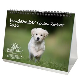 Hundezauber Golden Retriever DIN A5 Tischkalender für 2026 Welpen und Hunde - Inhalt: 1x Kalender 1x Weihnachtsanhänger 1x Grußanhänger (gesamt 3 Teile)