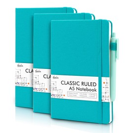 feela 3 Pack Notebooks Journals Bulk with 3 Black Pens, A5 Hardcover Notebook Classic Ruled Lined Journal Set with Pen Holder for Work Business Journaling Note Taking, 120 GSM, 5.1”x8.3”, Emerald