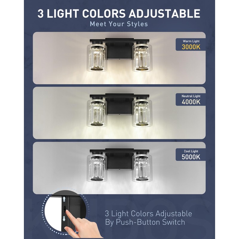 kudos 2-Light Bathroom Light Fixtures, Crystal Vanity Light, Black Bathroom