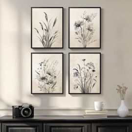 Framed Vintage Black Floral Canvas Wall Art for Bedroom, 4 Piece Rustic Botanical Prints for Bathroom Living Room Kitchen, Natural Flowers Boho Artwork for Modern Farmhouse Wall Decor, 11x14