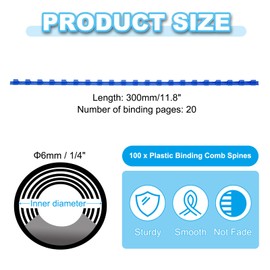 PATIKIL 6mm (1/4") Plastic Binding Combs, 100 Pcs 21 Rings Comb Binding Spines 20 Sheet Capacity Letter Size for Binding Paper Sheets, Blue