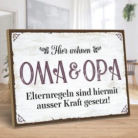 ARTFAVES® Wooden Sign with Saying "Hier wohnen Oma und Opa | Shabby Chic Vintage Sign | Decorative Gift for Family, Grandparents | Size: 28 x 19 cm