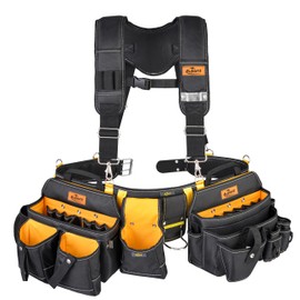 Aupofit Comfortable Tough Thick 7-Piece Tool Belt with Suspenders 32 Pockets and Loops,1680D Denier Fabric Heavy Duty Tool Belts with Carry Handles, Fits Waists 36-49In, Black and Yellow