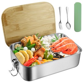 ADNEWX 1500 ml Stainless Steel Lunch Box, Large Capacity Lunch Box with Bamboo Lid, Sustainable, Environmentally Friendly Lunch Box for Adults, Children, Everyday Family Picnic, with Cutlery
