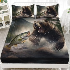 AILONEN Roaring Bear Fitted Sheet Set Full Size,Brown Animal Bear Print Bed Sheet Set,Fishing Sheet Set,Woodland Forest Wildlife Bedsheet Set 3 Pieces, 1 Fitted Sheet and 2 Pillowcases