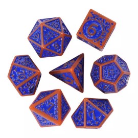 UDixi Burnt Orange with Blue Irregular Pattern Fill: 7-Piece Acrylic Dice Set