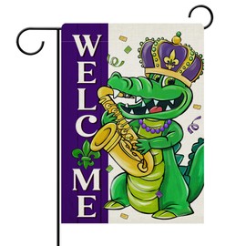 Dyrenson Welcome Mardi Gras Alligator Decorative Garden Flag, Crown Trumpet New Orleans Carnival Yard Outside Home Decorations, Fleur De Lis Burlap Outdoor Small Decor Double Sided 12 x 18