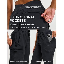 BVVU Women's Cargo Joggers Lightweight Quick Dry Hiking Pants Outdoor Waterproof Athletic Workout Pants with Zipper Pockets Black