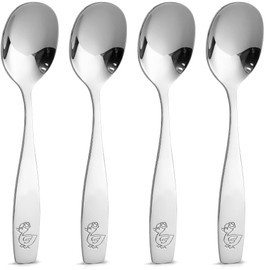 Zulay Kitchen 4-Piece Toddler Utensils - Child and Toddler Silverware Set for Self Feeding - Smooth Edged Kids Silverware Stainless Steel, Mirror Polished, Dishwasher Safe (4 Spoons)