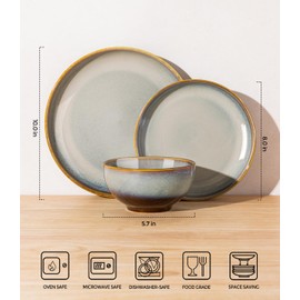 TheTerra Ceramic Dinnerware Set for 4, 12-Piece Plates and Bowls Set | Handmade Reactive Glaze Dish Set, Scratch Resistant, Oven & Microwave & Dishwasher Safe, Dusk Blue