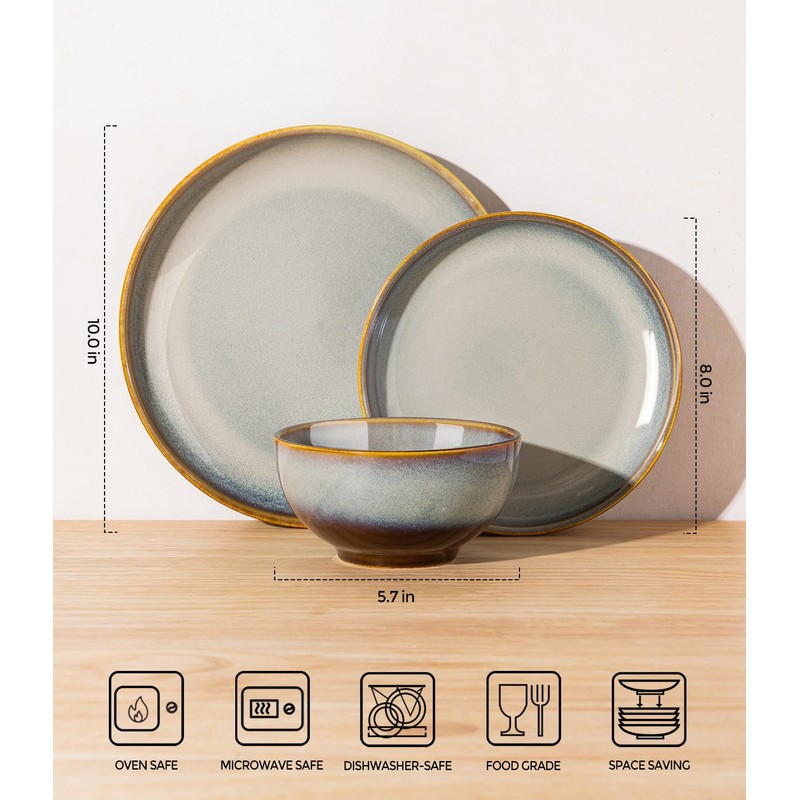 TheTerra Ceramic Dinnerware Set for 4, 12-Piece Plates and Bowls