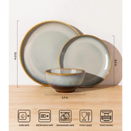TheTerra Ceramic Dinnerware Set for 4, 12-Piece Plates and Bowls Set | Handmade Reactive Glaze Dish Set, Scratch Resistant, Oven & Microwave & Dishwasher Safe, Dusk Blue