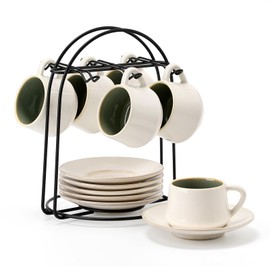 SIDUCAL Espresso Cup Set of 6 [4 oz] Stackable Ceramic Cappuccino Cup with Saucers and Cup Holder,Microwave/Dishwasher Safe,Espresso Demitasse Cups(Green)