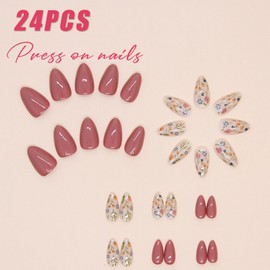 Boloshine 30 Pcs False Nails Short, Fresh Flowers Press on Nails Almond 15 Sizes, Reusable Full Cover Acrylic Stick on Nails Fake Nails for Girls Women Nails Art