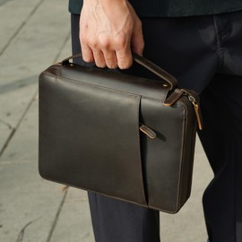 Polare Full Grain Leather Bible Cover Church Bag 10x7.5x2.2 inch Carrying Book Case Bible Protective with Handle and YKK Zippered Pocket (Dark Brown)