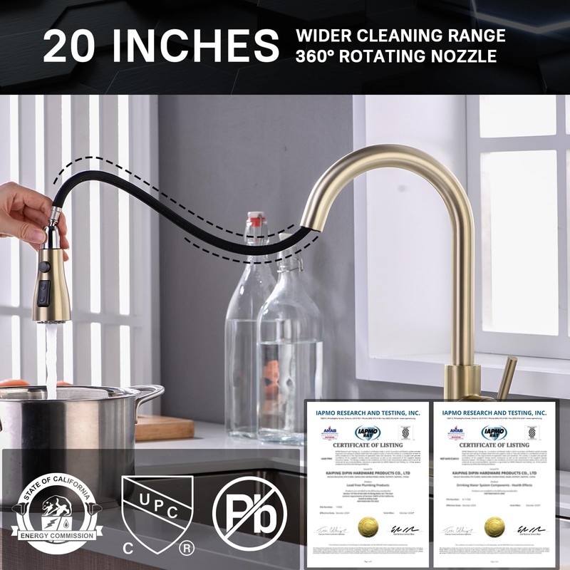 WEWE Gold Kitchen Faucet with Pull Down Sprayer, Single Handle