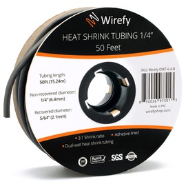 Wirefy 1/4" Heat Shrink Tubing - 3:1 Ratio Heat Shrink Tube - Adhesive Lined Wire Wrap Tubing Kit - Electrical Heatshrink Tubes - Waterproof Industrial Electric Automotive 50ft