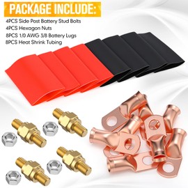 Otoolling 8 Pieces Side Post Battery Terminal 3/8 16 Bolts Side Post Adapter Standard Stud Extender Screws and 8 Pcs 1/0 AWG-3/8 Battery Lugs with 8 Pcs Heat Shrink Tubing