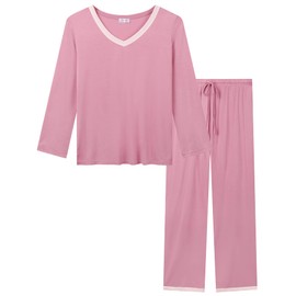 Joyaria Womens Pajamas Set Long Sleeve with Pants Ladies Bamboo Viscose Pjs V Neck Sleep Set(Dusty Pink, XL)