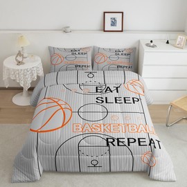 jejeloiu Kids Basketball Comforter Set Queen Size Basketball Court Comforter Boys Girls Eat Sleep Basketball Ball Pattern Bedding Set Gaming Sports Theme Grey Quilt Set