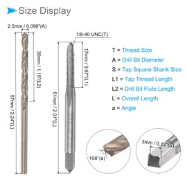 CoCud Tap and Drill Bit Set, 1/8-40 UNC 2B Tap Thread 2.5mm Drill Diameter, Machine Screw Tap & Twist Drill Bit Tool Kit - (Applications: for Threading Tapping Repairing), 1-Set