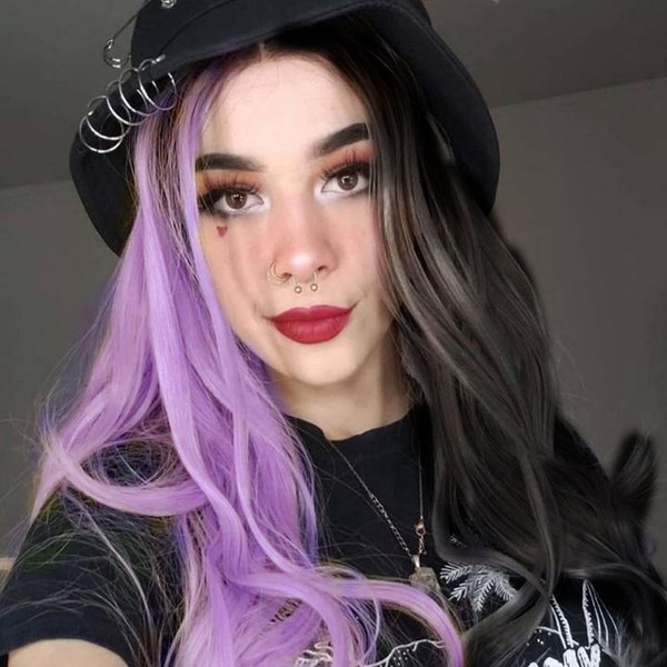Lace Front Wig Long Wavy Synthetic Hair Half Purple Black Real Natural Straight Wavy Wigs for Women Heat Resistant Fiber Daily Wear Costume Wig