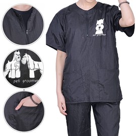 WAYUTO Dog Grooming Smock with Zipper, Black, X-Large, Nylon, Unisex, Cartoon Dog Print, Breathable, Water Resistant, Adult, Small Dogs