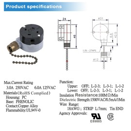 Ceiling Fan Switch Zing Ear ZE-208D 3 Speed Control 5-8 Wire Pull Chain Switch Accessories Fans Replacement Part (Bronze Chain)