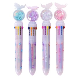 Omeblos Multi Coloured Pens All in One, Butterfly Glitter Pen 10 in 1 Retractable Ballpoint Pen, 10-Color Retractable Push Type Ballpoint Pen, Birthday Stationery Gifts for Kids Teens Students