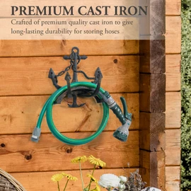 MyGift Brown Heavy Duty Cast Iron Outdoor Garden Hose Hanger Wall Mounted Water Hose Holder Reel with Vintage Scrollwork Design (Ship Anchor)