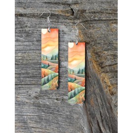 Twisted R Design Earrings,  Watercolor Foothills Print Wood Bar Printed Earrings Jewelry