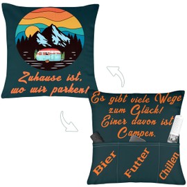 Merclix Camping Gifts Cushion Cover 45 x 45 cm with 3 Pockets Camping Accessories Camper Gifts Camping Gadgets Funny Motorhome Gadgets Motorhome Accessories Caravan Accessories Motorhome Gifts for