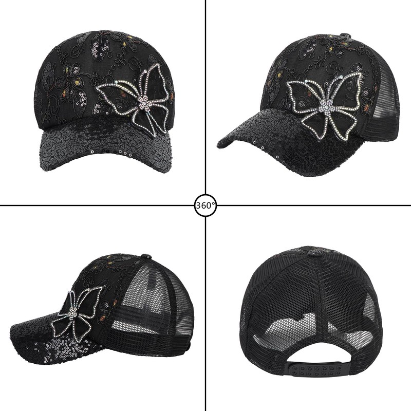 Meliyya Mesh Baseball Cap Rhinestone Butterfly Baseball Cap Summer Sequins
