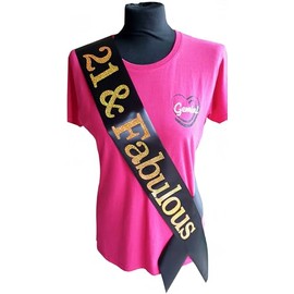 21st Birthday Sash - 21 & Fabulous - Black Ribbon/Gold Font