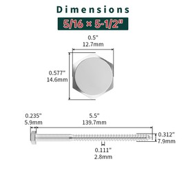 5/16 x 5-1/2" Hex Head Lag Screws Bolts with Flat Washers (10 Sets), 304 Stainless Steel 18/8, Partial Thread, Deck Screws, Heavy Duty Hex Head Wood Lag Screws, Fayeploo