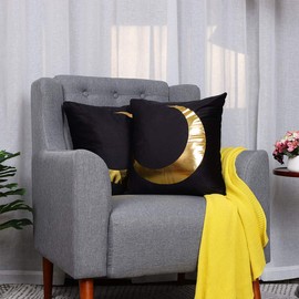 sourcing map Pack of 2 Throw Pillow Cover Gold Moon Printed Decorative Pillowcases Bronzing Flannelette Waist Lumbar Cushion Cover,18x18 Inches, Black