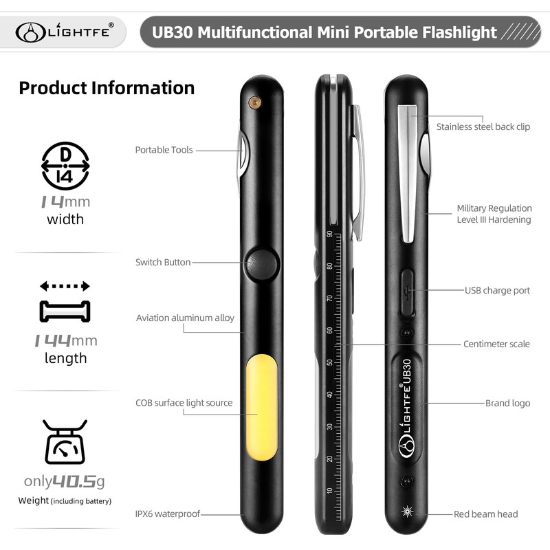 LIGHTFE UB30 4-in-1 Multi-Functional Dual-Head Rechargeable Aluminum Pen Flashlight for