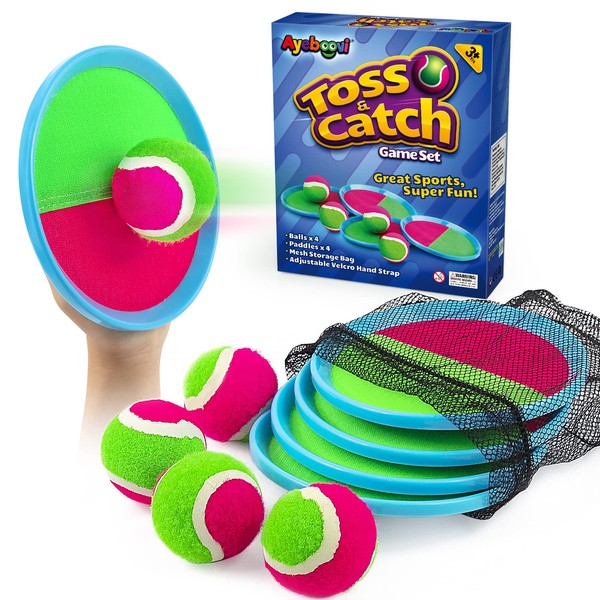 Ayeboovi Toss and Catch Ball Set Beach Toys Outdoor Games Outdoor Toys Yard Games Boys Toys Gifts for Kids Ball and Catch Game with 4 Paddles and 4 Balls [Upgraded Version]