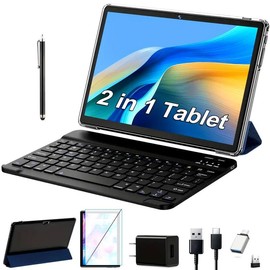 FEONAL The Latest 10-inch Tablet In 2025, With The Latest Octa-core Processor For Android Tablets, A 2-in-1 Tablet With Keyboard, 64GB ROM + 4GB RAM Storage, Expandable Up To 128GB, 5G WiFi, GPS, And A 1280 * 800 HD Display Screen - Color: Black
